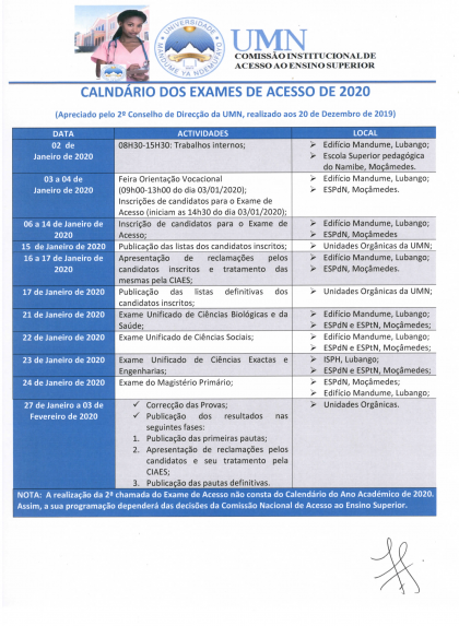 CALENDÁRIO DOS EXAMES DE ACESSO